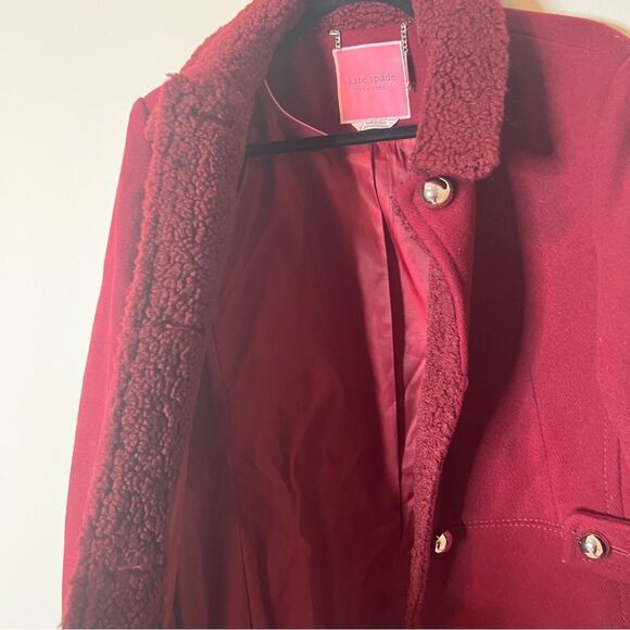 Kate Spade Faux Shearling Trim Lipstick Red Wool Blend Peacoat Size Large - Picture 7 of 14